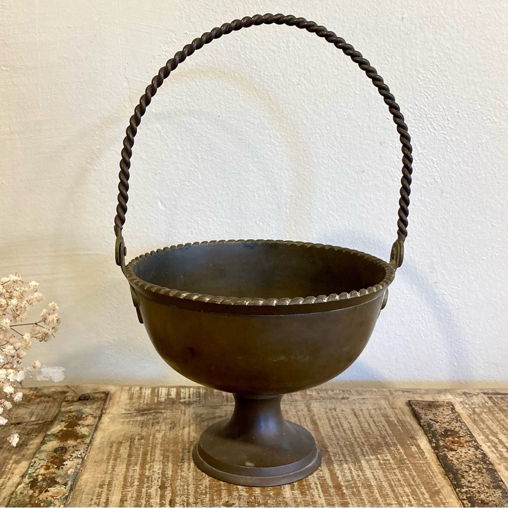 Metal Basket Footed Decorative Bowl with Twisted Handle 10.5” Tall